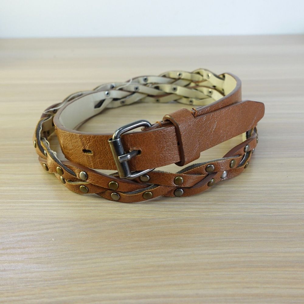 Braided Belt Women Small Brown Studded Leather Skinny Minimal Studs Classic Faux